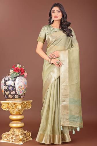 light green organza with thread work and zari weaving saree with blouse