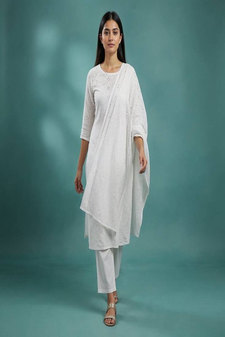 White Cotton straight Kurta set