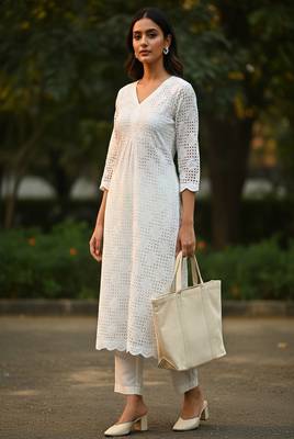 White Cotton straight Kurta set 1