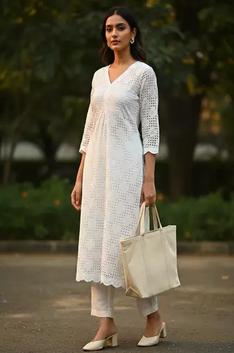 White Cotton straight Kurta set