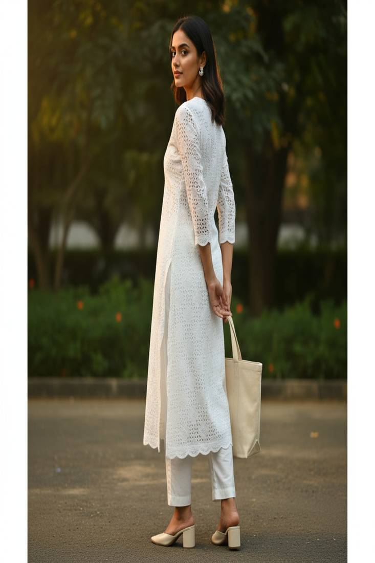 White Cotton straight Kurta set