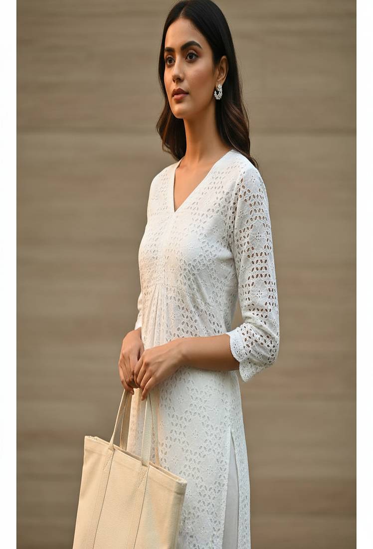 White Cotton straight Kurta set