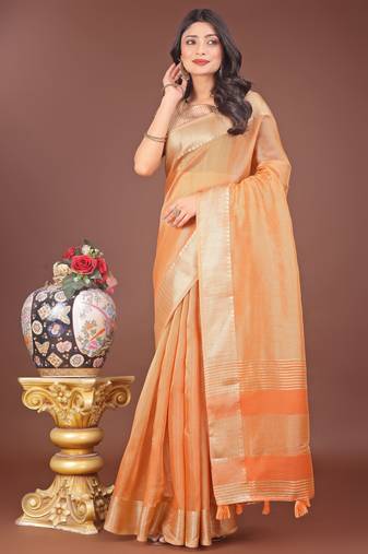orange organza with thread work and zari weaving saree with blouse