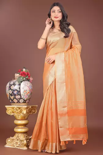 orange organza with thread work and zari weaving saree with blouse