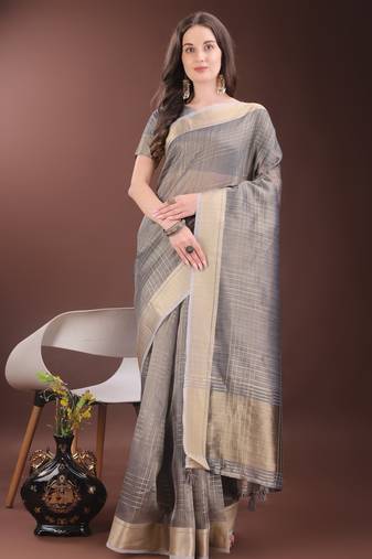grey organza with thread work and zari weaving saree with blouse