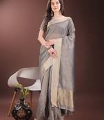 grey organza with thread work and zari weaving saree with blouse