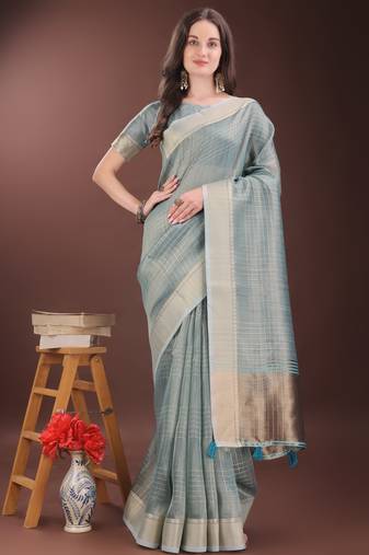 light blue organza with thread work and zari weaving saree with blouse