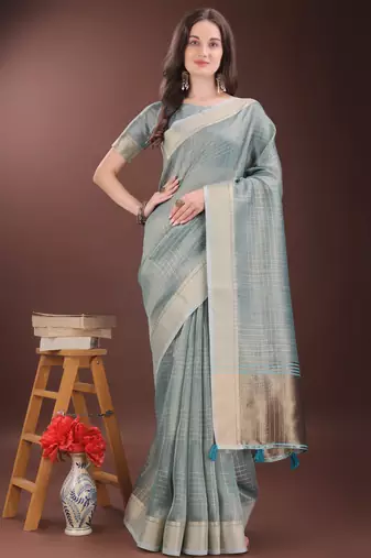 light blue organza with thread work and zari weaving saree with blouse