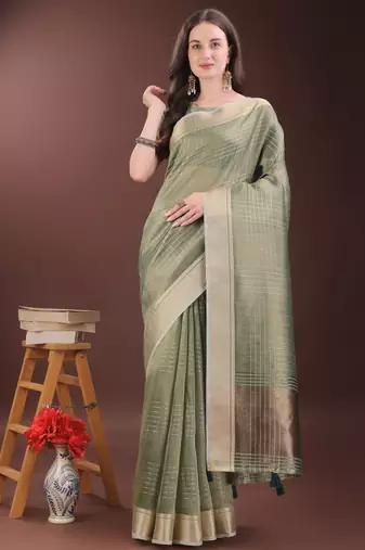 green organza with thread work and zari weaving saree with blouse