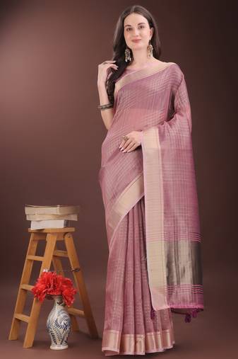 pink organza with thread work and zari weaving saree with blouse