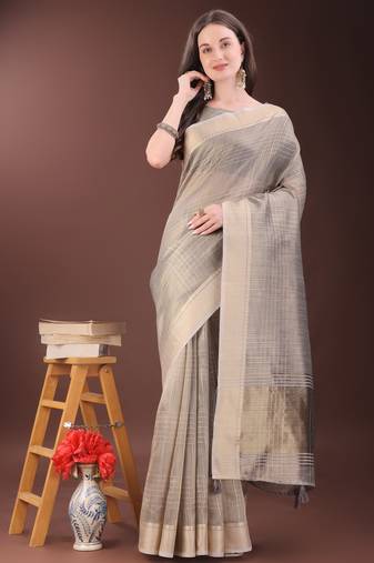 beige organza with thread work and zari weaving saree with blouse