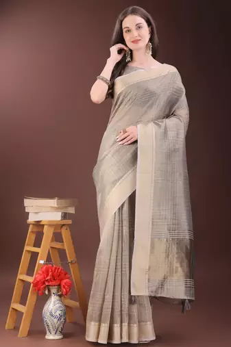 beige organza with thread work and zari weaving saree with blouse