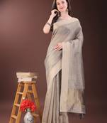beige organza with thread work and zari weaving saree with blouse