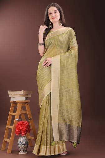 mhendi green organza with thread work and zari weaving saree with blouse