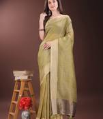 mhendi green organza with thread work and zari weaving saree with blouse