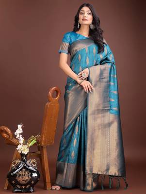 sea green banrasi art silk with jacquard work and zari weaving saree with blouse 1