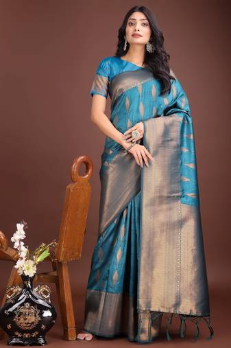 sea green banrasi art silk with jacquard work and zari weaving saree with blouse