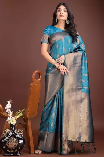 sea green banrasi art silk with jacquard work and zari weaving saree with blouse