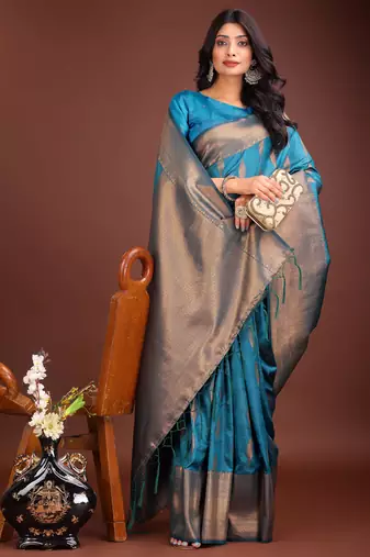 sea green banrasi art silk with jacquard work and zari weaving saree with blouse