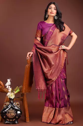 purple banrasi art silk with jacquard work and zari weaving saree with blouse