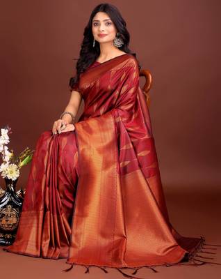 maroon banrasi art silk with jacquard work and zari weaving saree with blouse 2