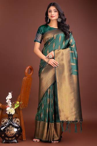 green banrasi art silk with jacquard work and zari weaving saree with blouse