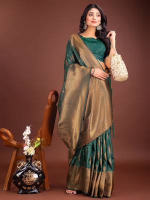 green banrasi art silk with jacquard work and zari weaving saree with blouse 3