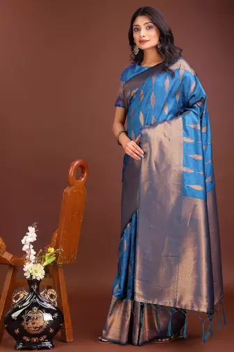 sky blue banrasi art silk with jacquard work and zari weaving saree with blouse