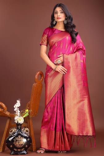 magenta banrasi art silk with jacquard work and zari weaving saree with blouse