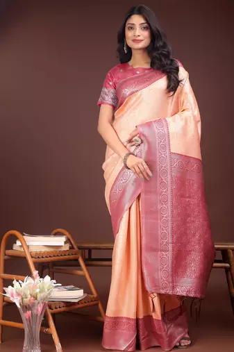 orange lichi art silk with woven zari work saree with blouse