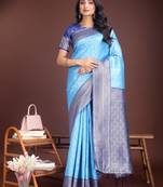 sky blue lichi art silk with woven zari work saree with blouse