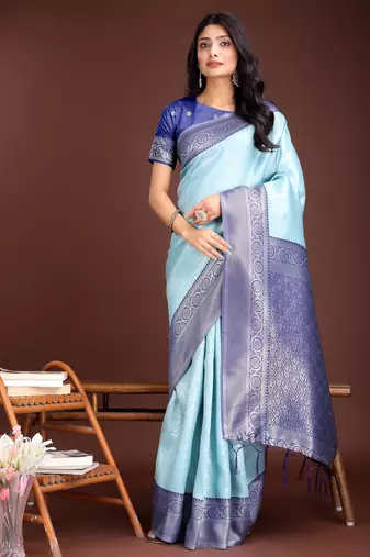 teal lichi art silk with woven zari work saree with blouse