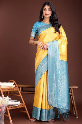 yellow lichi art silk with woven zari work saree with blouse