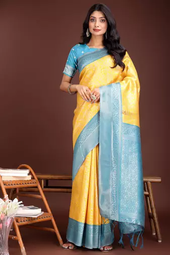 yellow lichi art silk with woven zari work saree with blouse