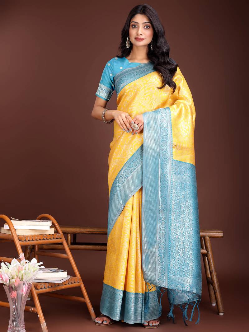 yellow lichi art silk with woven zari work saree with blouse
