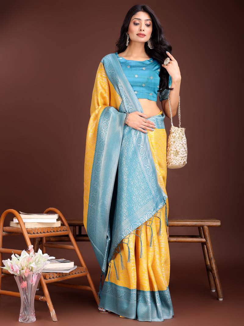 yellow lichi art silk with woven zari work saree with blouse
