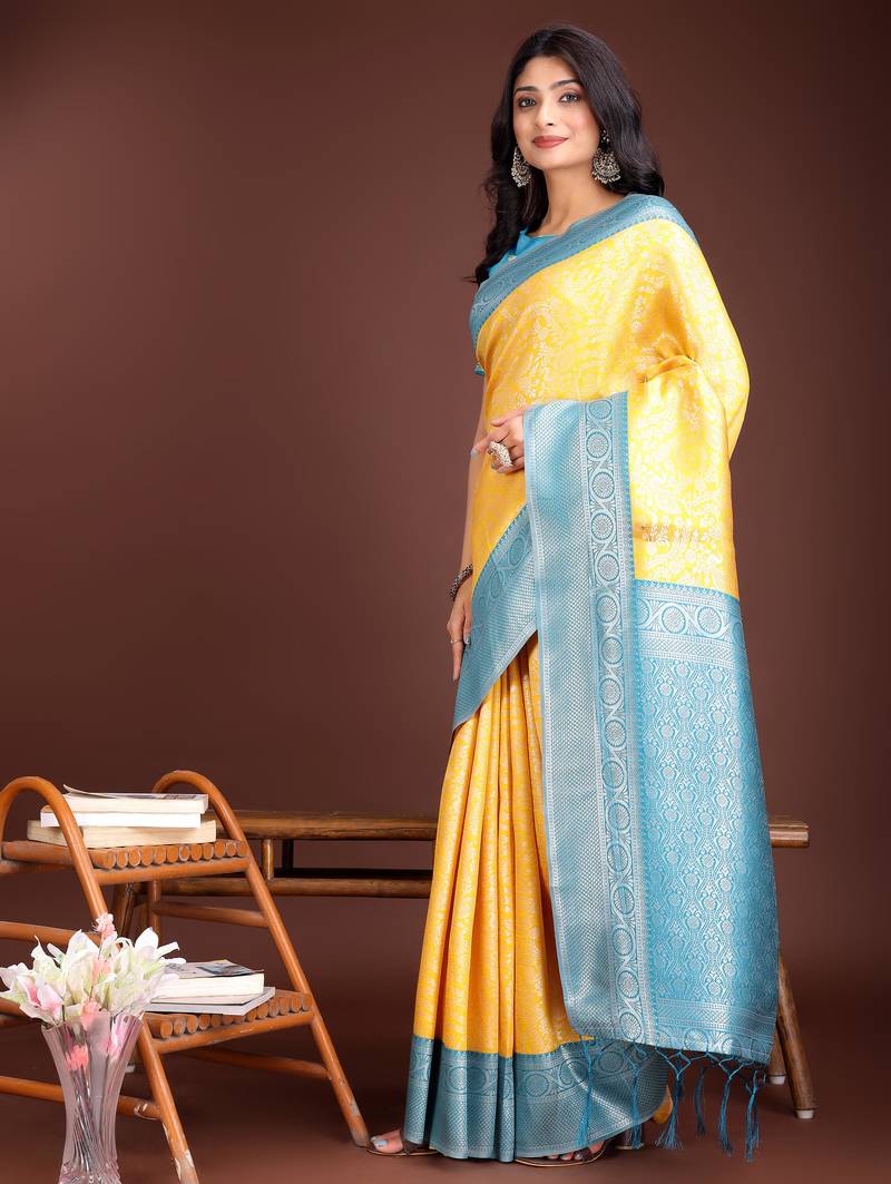 yellow lichi art silk with woven zari work saree with blouse