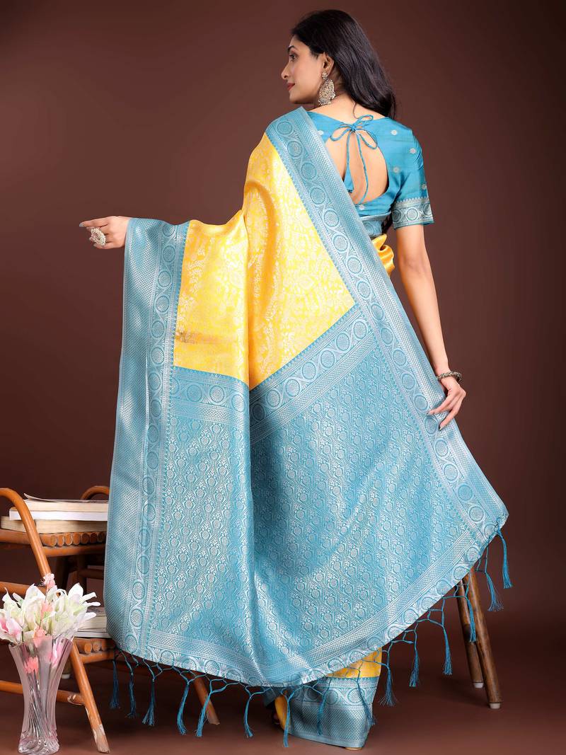 yellow lichi art silk with woven zari work saree with blouse