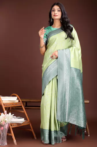 light green lichi art silk with woven zari work saree with blouse