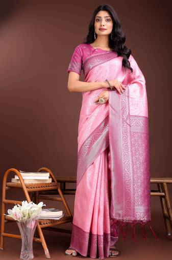 light pink lichi art silk with woven zari work saree with blouse