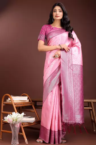 light pink lichi art silk with woven zari work saree with blouse