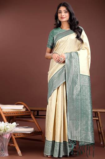 cream lichi art silk with woven zari work saree with blouse