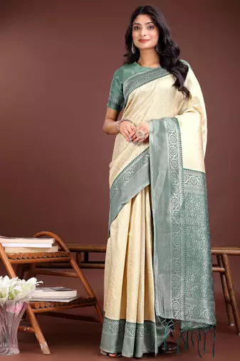 cream lichi art silk with woven zari work saree with blouse