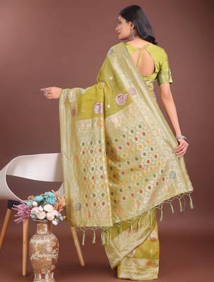 mustrad linen cotton with jacquard work and zari weaving saree with blouse 4