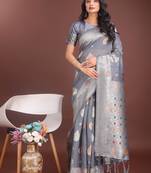 grey linen cotton with jacquard work and zari weaving saree with blouse