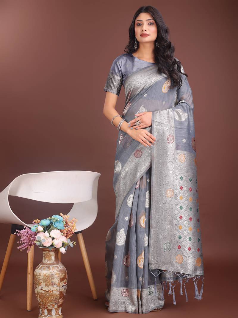 grey linen cotton with jacquard work and zari weaving saree with blouse
