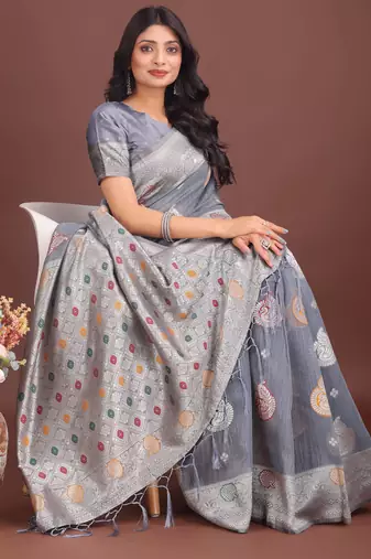 grey linen cotton with jacquard work and zari weaving saree with blouse