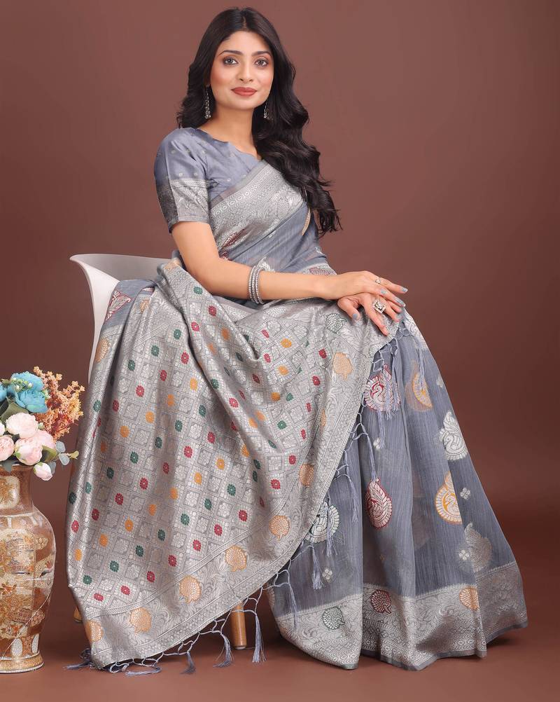 grey linen cotton with jacquard work and zari weaving saree with blouse