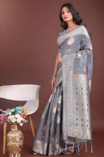 grey linen cotton with jacquard work and zari weaving saree with blouse