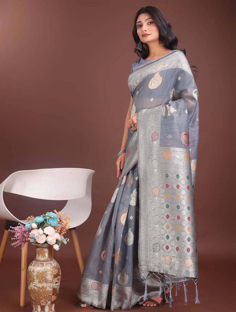 grey linen cotton with jacquard work and zari weaving saree with blouse